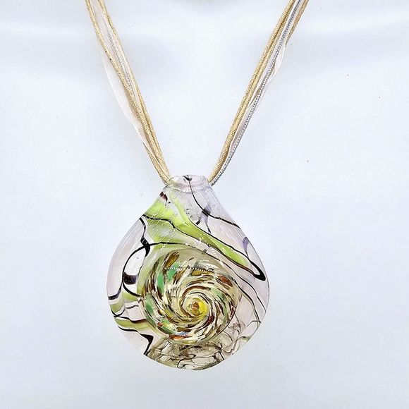 Art Glass Pendant Necklace Lamp Work Foil Swirl Green Copper Ribbon Cord Chain - Picture 2 of 10